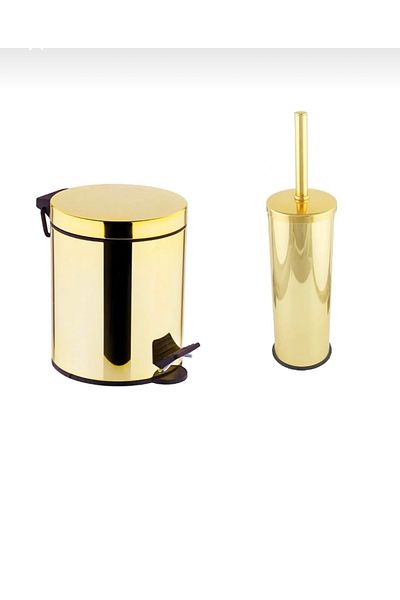 İSAOĞLU YAPI Gold Dustbin Gold Brush Set Bathroom Accessory Gold Pedal Bucket Premium