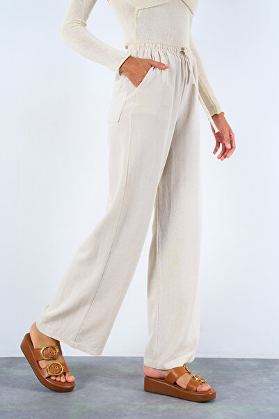 LOOSH Kadın Taş Rengi Yüksek Bel Keten Görünümlü Leg Pantolon