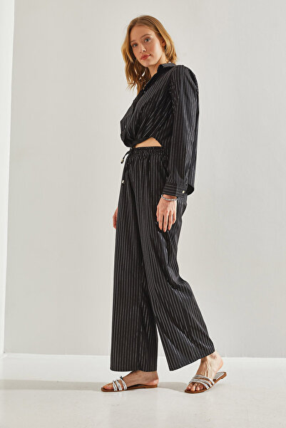 Bianco Lucci Women's Shiny Striped Trousers - Front Tie Detail60221021