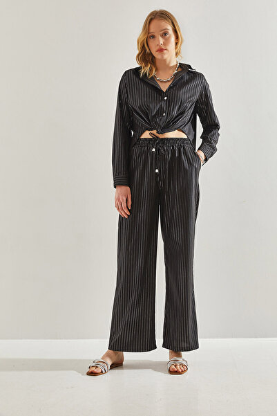 Bianco Lucci Women's Shiny Striped Trousers - Front Tie Detail60221021