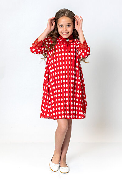 incity Girl's Ribbon Collar Polka Dot Pleated Dress