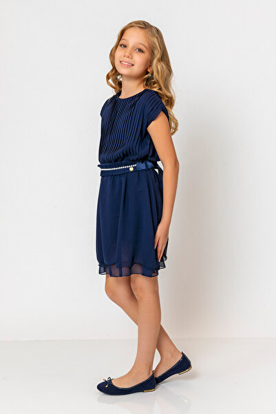 incity Girl's Round Neck Belted Pleated Dress