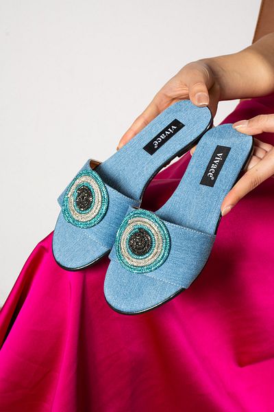 Vivace Evil Eye Bead Stone Light Color Denim Casual Women's Slippers