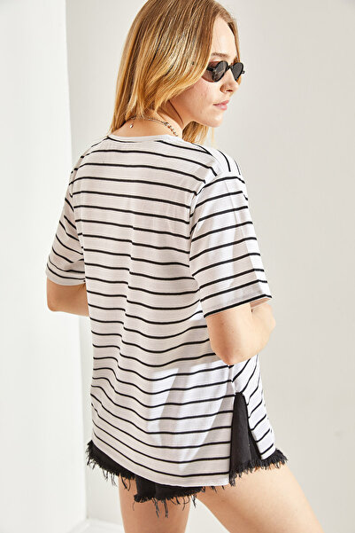 Bianco Lucci Pruhované dámske tričko s rozparkom Crew Neck -60241003