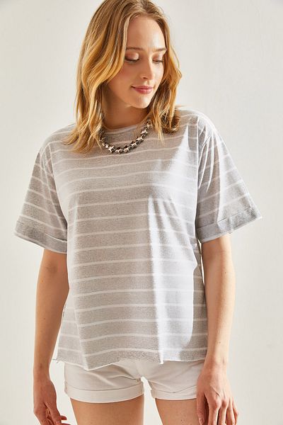 Bianco Lucci Women's Striped T-Shirt with Crew Neck and Side Slits -60241003