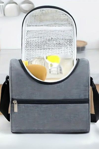 Ecrou Gray Thermal Lunch Food Bag - Double Zipper and Foldable, for School and Office
