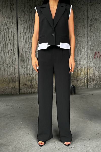 Ortaya Çık Black Design Vest Palazzo Trousers Set