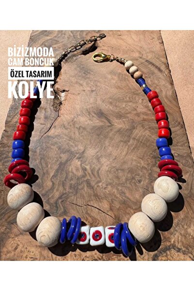 bizizmoda Glass Beads African Bohemian Style Glass Beads Eye Necklace Wooden Design Glass Beads Blue Necklace
