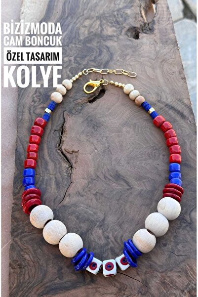bizizmoda Glass Beads African Bohemian Style Glass Beads Eye Necklace Wooden Design Glass Beads Blue Necklace