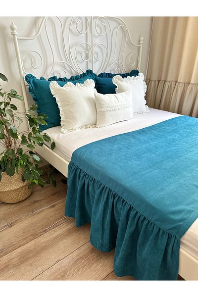 Decamor home Miya 3-Piece Vintage Frilly Alaçatı Blue Double Bed Runner Set