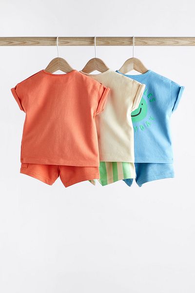 Next Baby Blue Orange 3-Piece Cotton Shorts Set - Short Sleeve