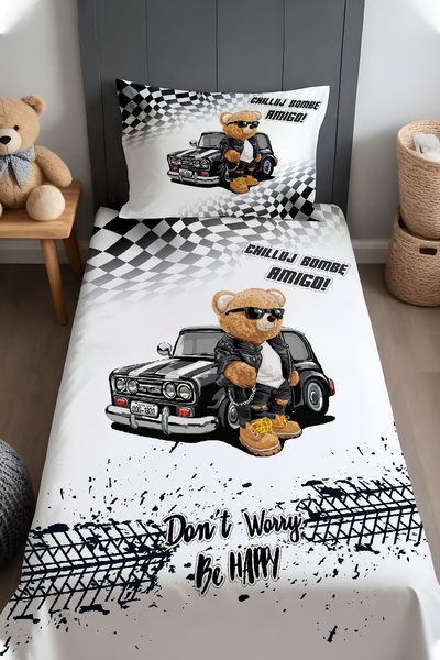 EVPANYA Arabalı Ayı Teddy Desenli Yatak Örtüsü ve Yastık Kılıfı