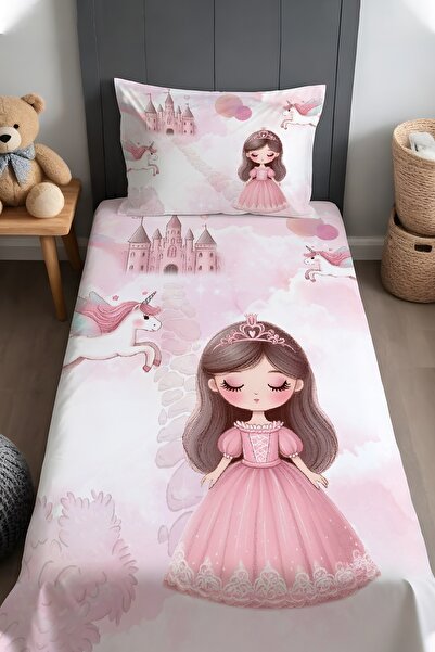EVPANYA Kaleli Pembe Prenses Desenli Yatak Örtüsü ve Yastık Kılıfı