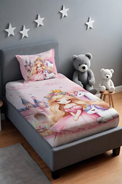 EVPANYA Unicornlu Prenses Desenli Yatak Örtüsü ve Yastık Kılıfı