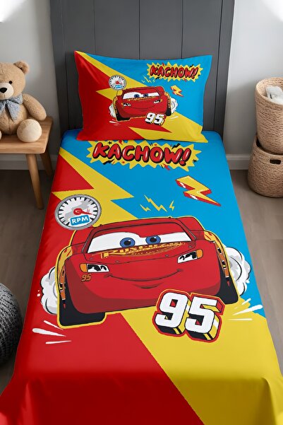 EVPANYA Mavi Kırmızı Mcqueen Desenli Yatak Örtüsü ve Yastık Kılıfı