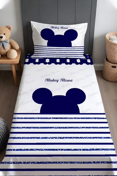 EVPANYA Mavi Mickey Mouse Desenli Yatak Örtüsü ve Yastık Kılıfı