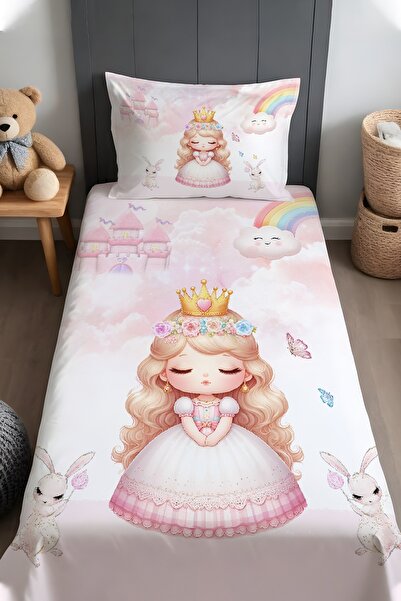 EVPANYA Tavşanlı Minik Prenses Desenli Yatak Örtüsü ve Yastık Kılıfı