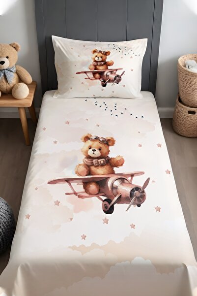 EVPANYA Kahverengi Pilot Ayıcık Desenli Yatak Örtüsü ve Yastık Kılıfı