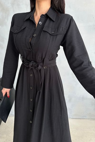 Ortaya Çık Linen Midi Dress - Black and Belted