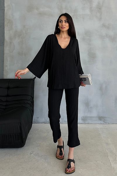 Ortaya Çık Black Bottom Top V-Neck Seersucker Set