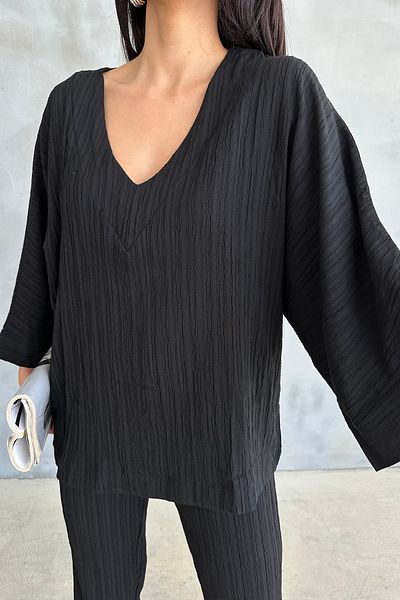 Ortaya Çık Black Bottom Top V-Neck Seersucker Set