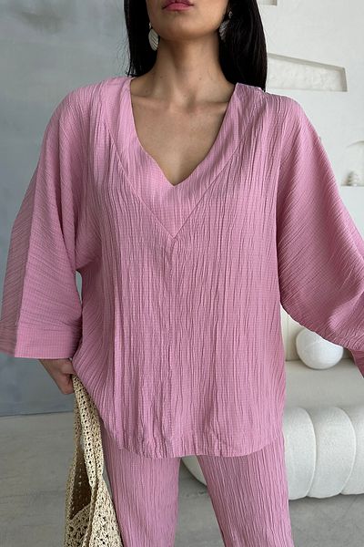 Ortaya Çık Pink Lower Upper V-Neck Seersucker Set