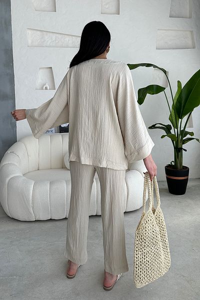 Ortaya Çık Beige Lower Top V-Neck Seersucker Set