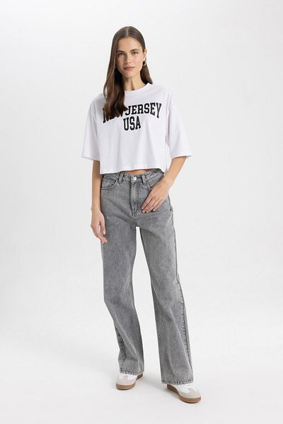 DeFacto Übergroßes, bedrucktes Kurzarm-T-Shirt mit Rundhalsausschnitt C7714ax24sm
