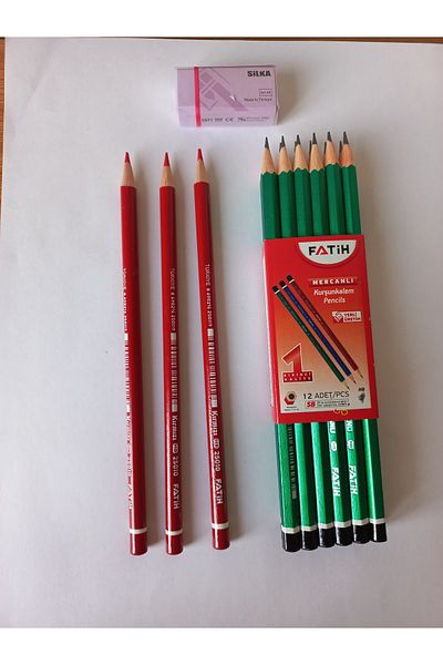 Fatih Coral Hb Pencil Green Body 12 Pieces + 3 Pieces Red Pencil + Eraser gift