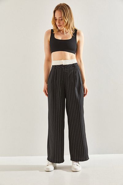 Bianco Lucci 60241010 Model Contrast Waist Striped Women's Woven Trousers
