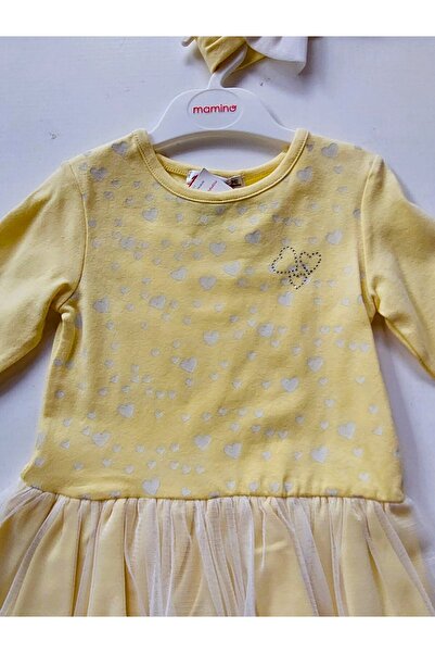 Mamino Küçük Kız Çocuk Bebek Pamuk Cotton Kalp Desenli Tüllü Etekli Sarı Renk Bandanalı Elbise