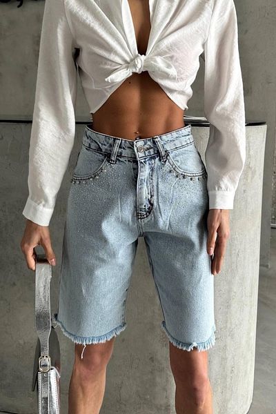 Ded COLLECTION Pantaloni scurti din denim midi, cu detalii în piatră
