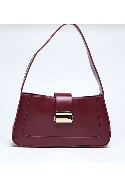 Mercan Stores Women's Burgundy Short Strap Buckle Detailed Baguette Hand and Shoulder Bag