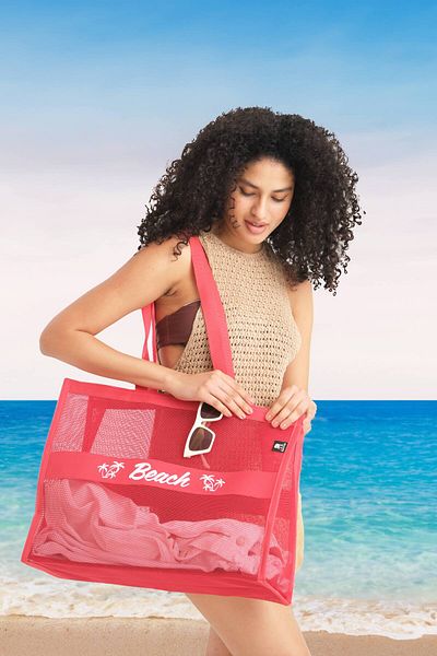 ELEPHANT ÇANTA Mesh Beach Bag, Red Color Large Internal Volume Fast Drying Durable Lightweight Vacation Indispensable