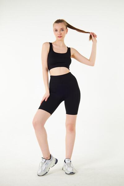 THIFF GYMWEAR Černé krátké šortky s vysokým pasem Sportovní žebrované motorkářské punčochy