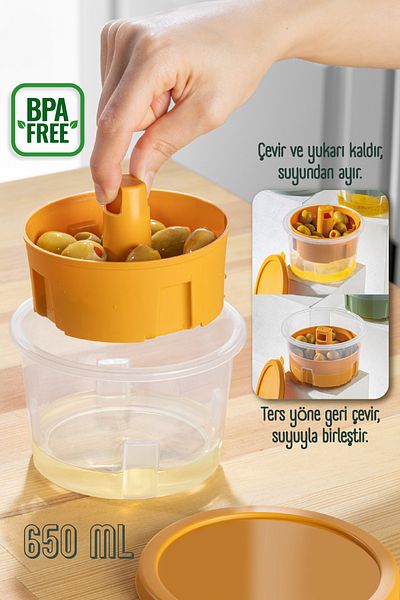 Vienev Presentation Olive Pickle Cheese Multi-Purpose Storage Container with Strainer Yellow