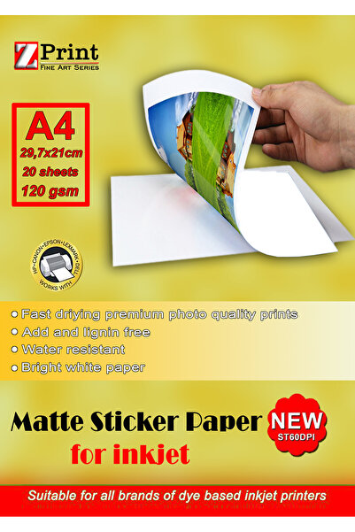 zprint MAT YAPIŞKANLI STİCKER FOTOĞRAF KAĞIDI A4 20 YAPRAK EPSON, HP,CANON, B...