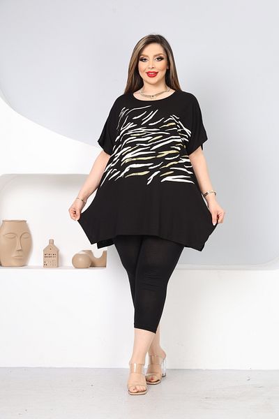 HÜLYA BUTİK WOMEN'S LARGE SIZE BLACK ZEBRA PRINT SLIT BLUZ