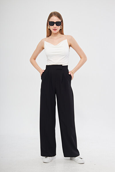 THIFF GYMWEAR Black High Waist Pleated Women's Fabric Palazzo Trousers