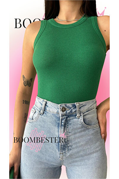BoomBester Green Camisole Women's Blouse - Sleeveless, Long Crop, Navel Tank Top