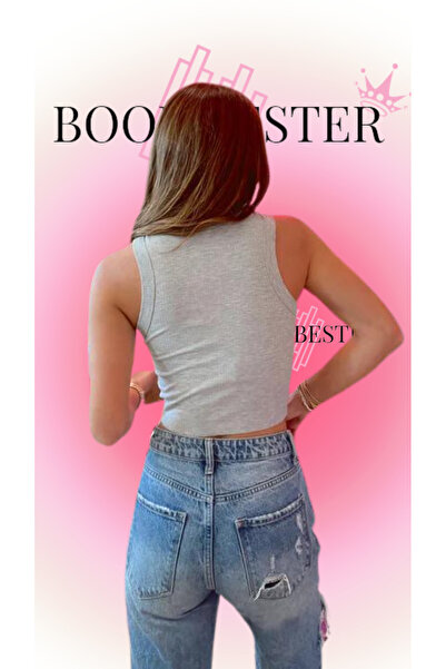 BoomBester Γκρι γυναικείο μπλουζάκι καμισόλε - Αμάνικο, μακρύ κροπ, εσώρουχο κοιλιάς