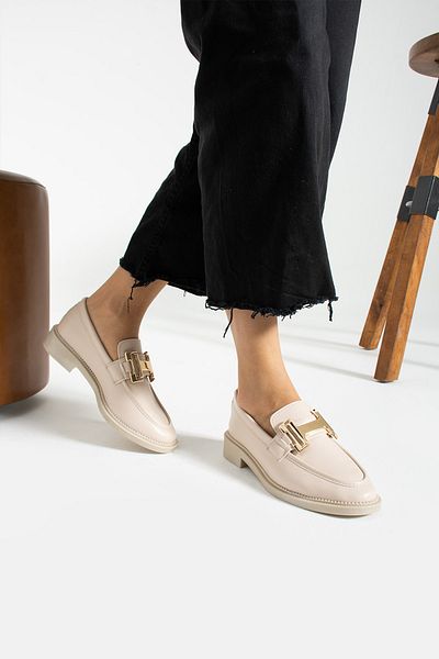 İnan Ayakkabı Women's Beige Color (Metal Buckle) Detailed Daily Moccasin Casual Loafer