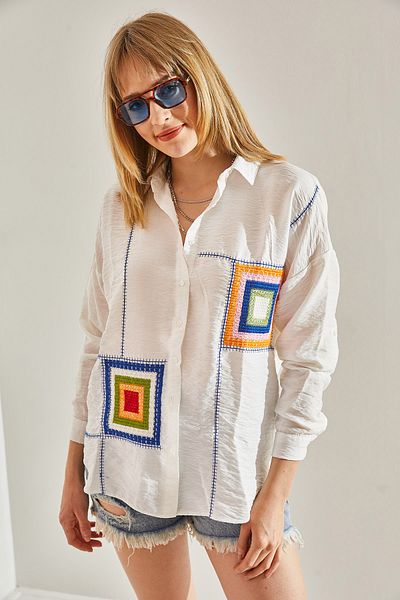 Bianco Lucci Ecru Linen Shirt - Süzene Embroidered, Ayrobin Model60251024
