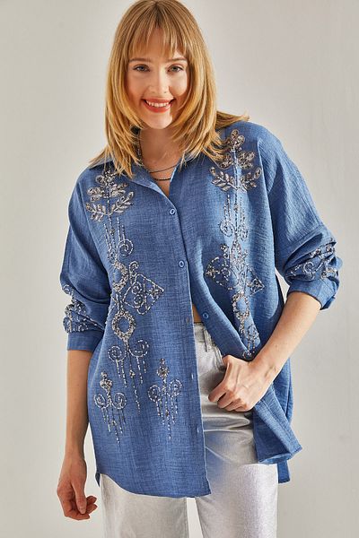 Bianco Lucci Cămașă oversize pentru femei cu detaliu de piatră albastră - 60251031