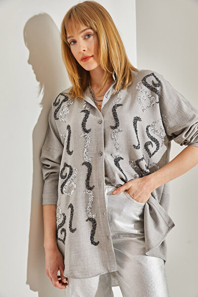 Bianco Lucci Gray Stone Detailed Oversize Women's Shirt -60251032
