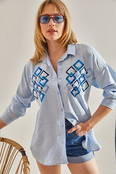 Bianco Lucci Baby Blue Embroidered Women's Oversize Shirt - Stone Detailed60251028