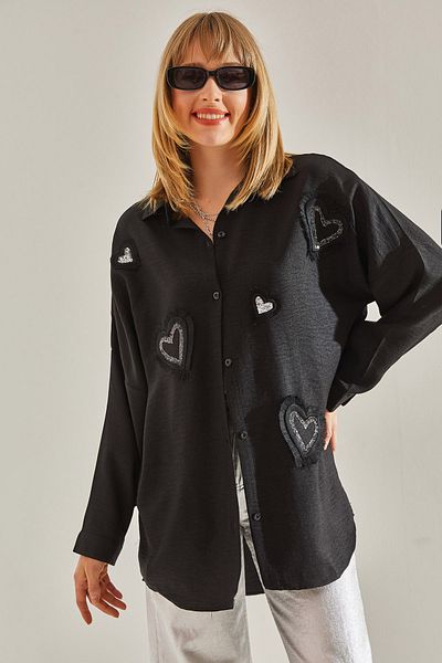 Bianco Lucci Černá lněná oversize košile – detail střapce, vyšívané a srdce vyšívané60251030