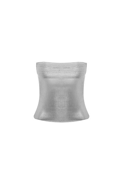 Mozto Cruz Strapless Silver Foil Printed Crop Top Bustier