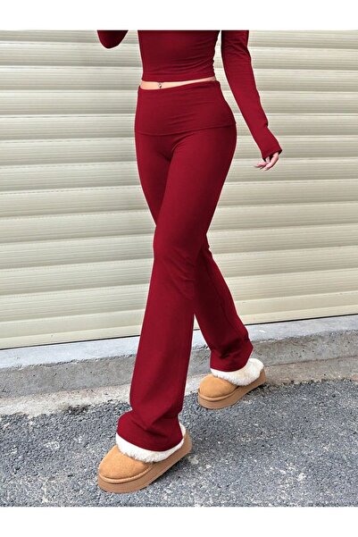 maysmelo Bordo Renk Beli Katlanır Lastikli Flare Pantolon