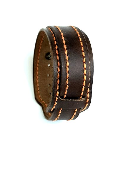 aysefe El İşçiliği Gerçek Vaketa Deri Antik Kahve Turucu Dikişli Bileklik 3cm